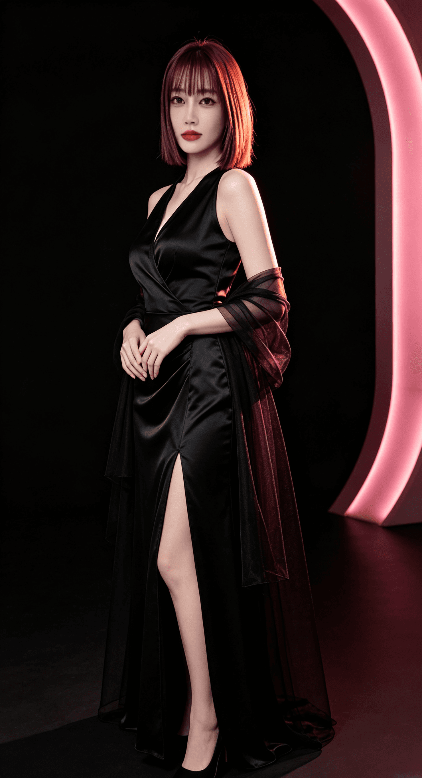 Mistress Evelyn in a black satin gown